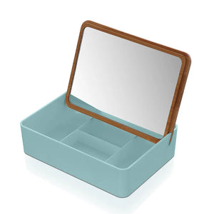 Organizer trucchi in plastica turchese completo di specchio con dettagli in bambù