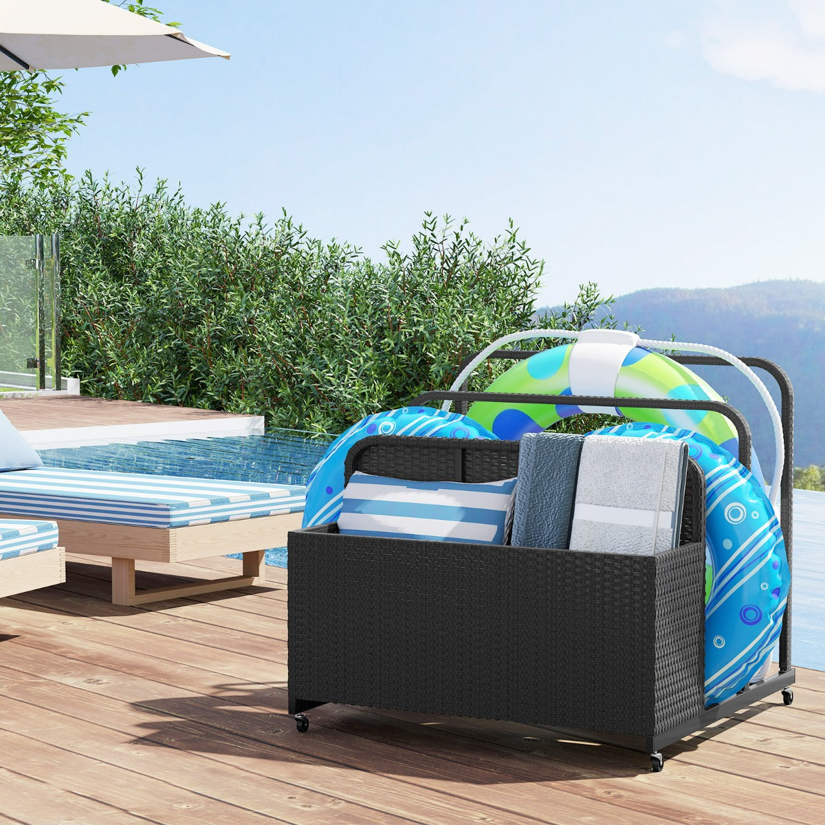 Organizer esterno in rattan per galleggianti da piscina, Cestino portaoggetti su ruote in PE con scomparti per cuscini Nero-Nuotare