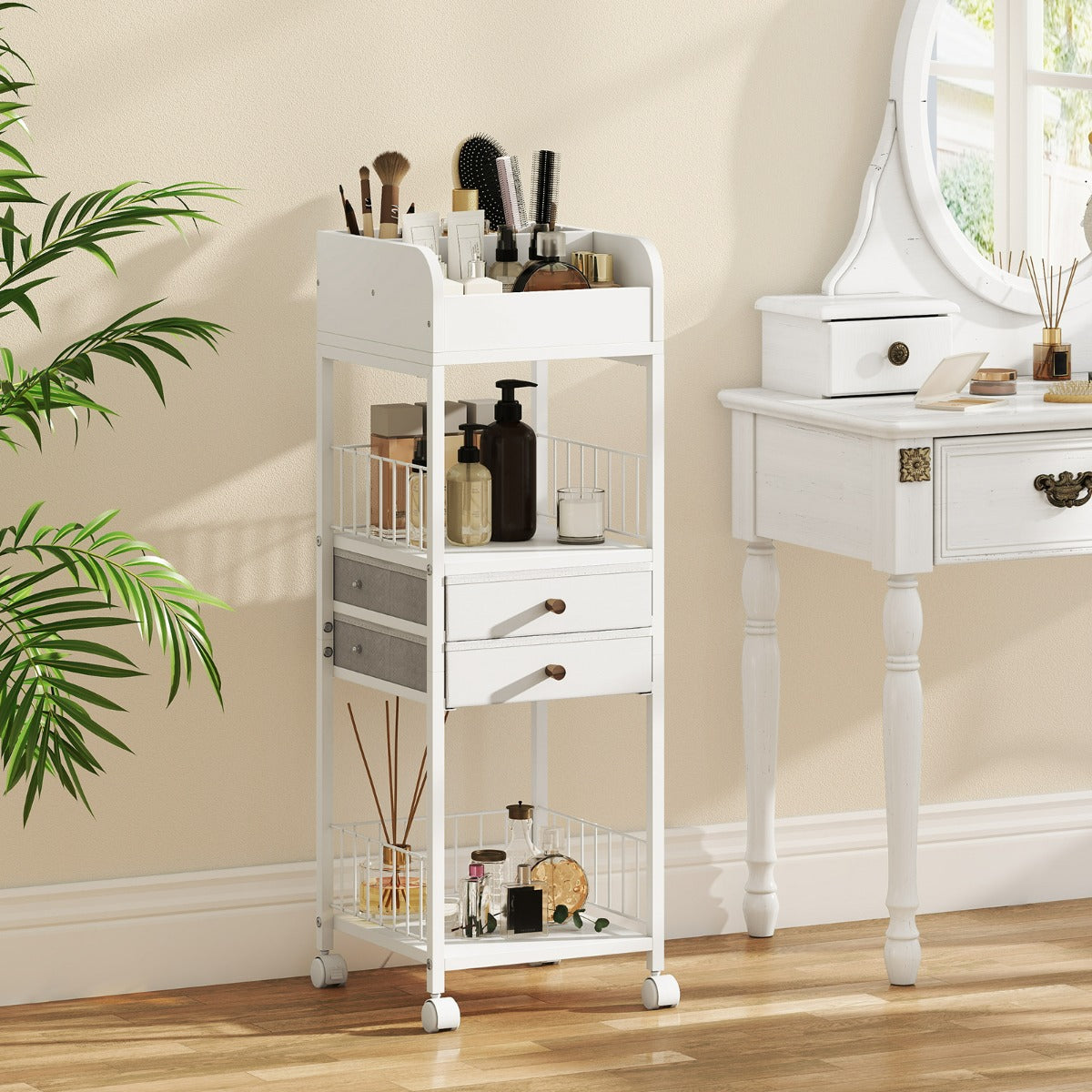 Organizer per trucco con ruote-Carrello organizzatore con cassetti e ripiani Bianco