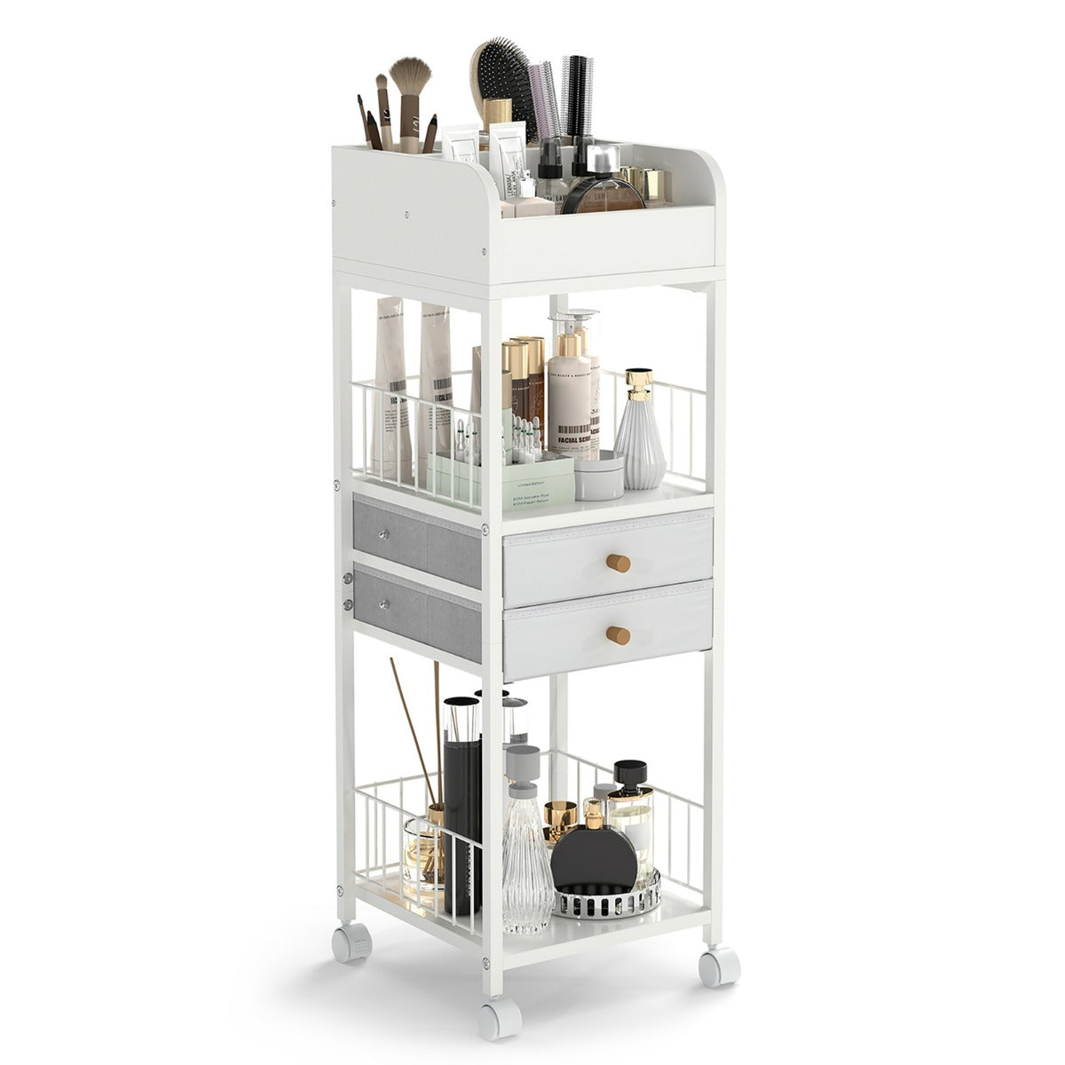 Organizer per trucco con ruote-Carrello organizzatore con cassetti e ripiani Bianco