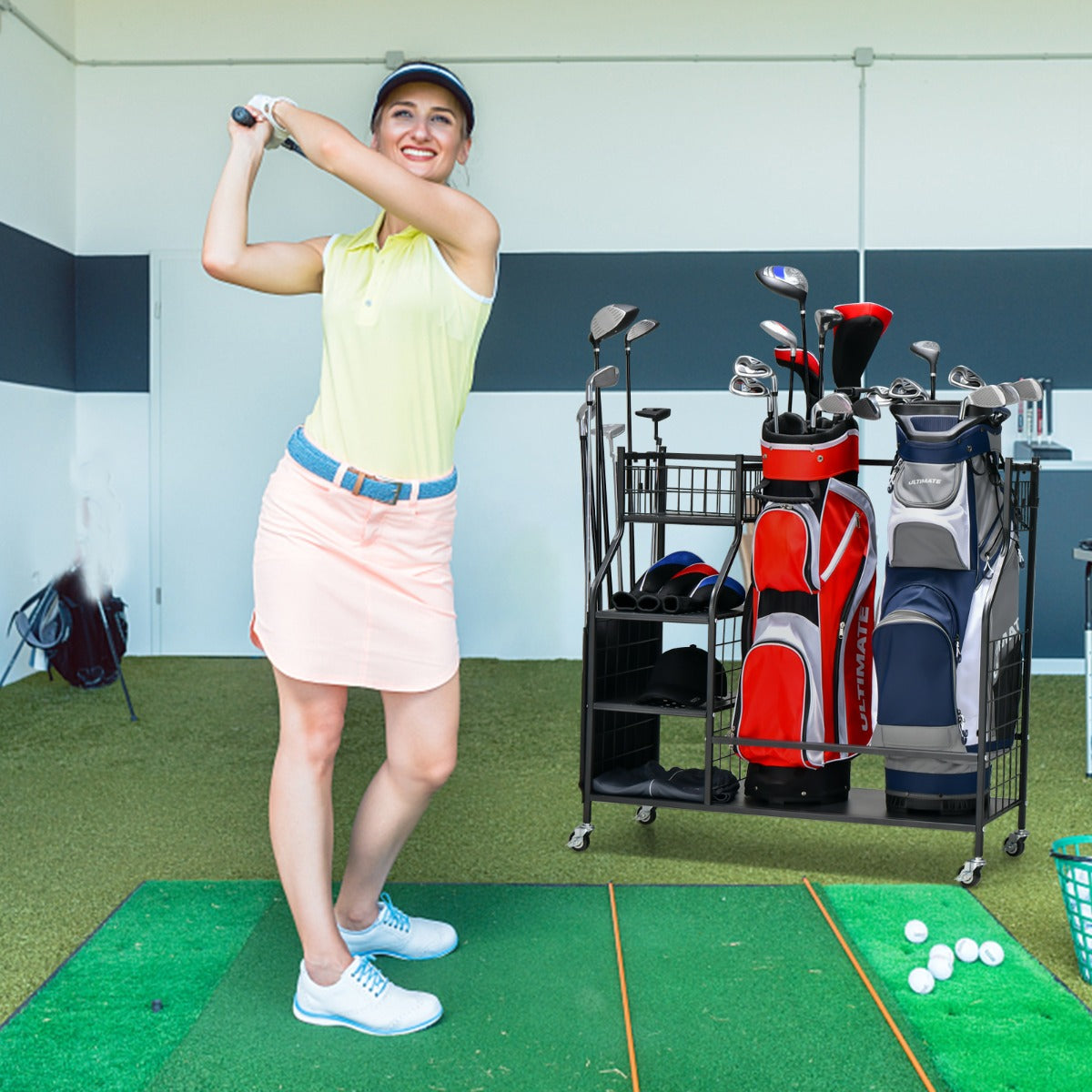 Organizer sacca da golf con ruote bloccabili e tasche porta mazze da golf, Carrello scaffale per borse da golf-Golf