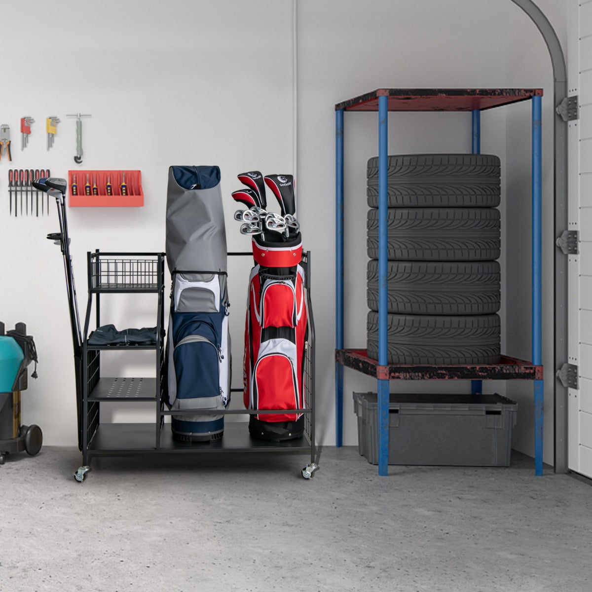Organizer sacca da golf con ruote bloccabili e tasche porta mazze da golf, Carrello scaffale per borse da golf-Golf