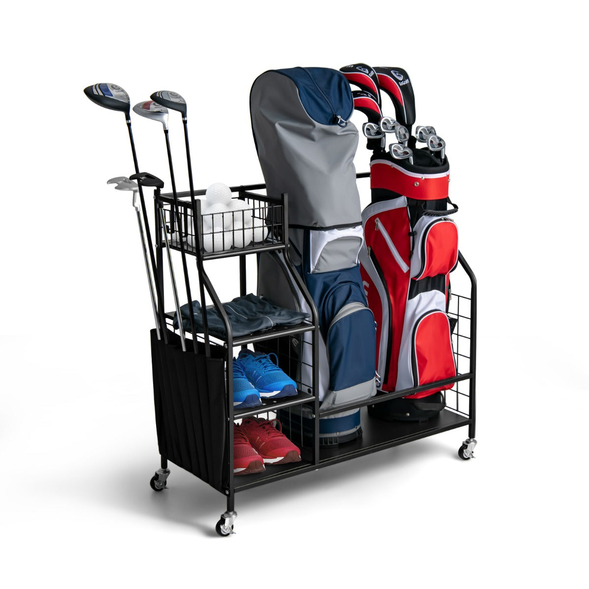 Organizer sacca da golf con ruote bloccabili e tasche porta mazze da golf, Carrello scaffale per borse da golf-Golf