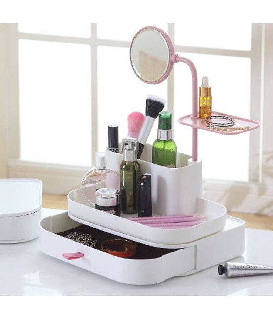 Organizzatore Porta Cosmetici Make Up Con Specchio Rotante Espositore Organizer         