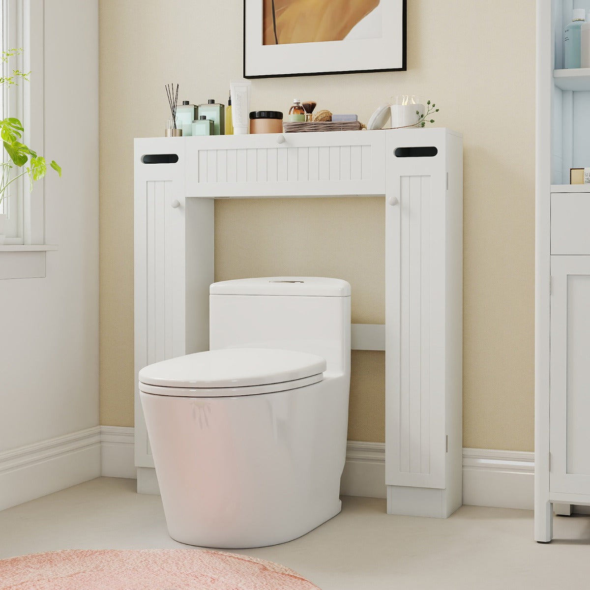 Organizzatore da bagno con portarotoli porta con apertura a ribalta, Armadietto da toilette con ripiani per lavanderia Bianco-Armadietti da bagno