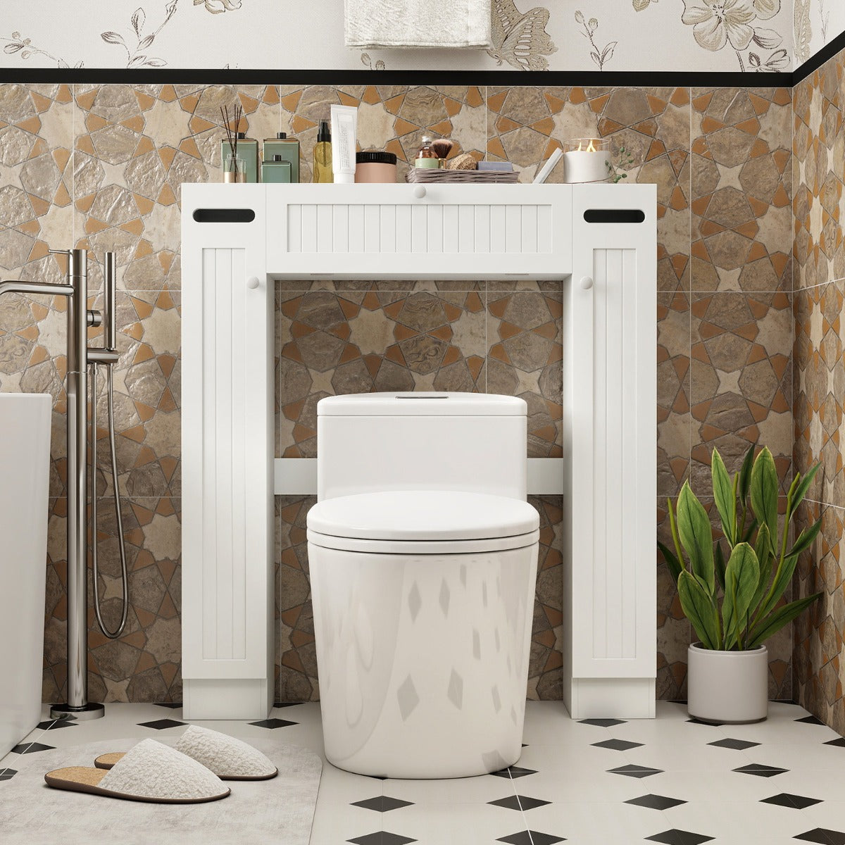 Organizzatore da bagno con portarotoli porta con apertura a ribalta, Armadietto da toilette con ripiani per lavanderia Bianco-Armadietti da bagno