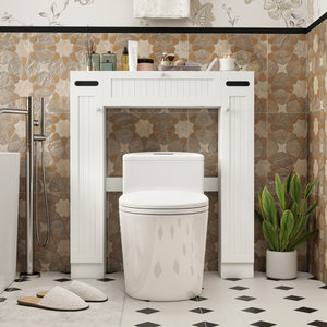 Organizzatore da bagno con portarotoli porta con apertura a ribalta, Armadietto da toilette con ripiani per lavanderia Bianco-Armadietti da bagno