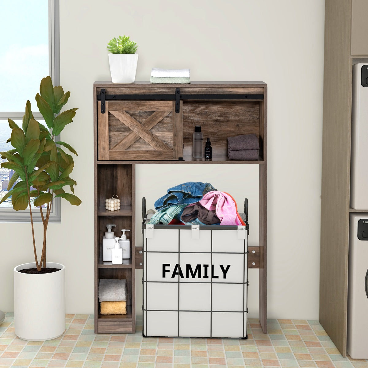 Organizzatore da bagno indipendente con porta scorrevole ripiani di stoccaggio-Armadietto della toilette Marrone