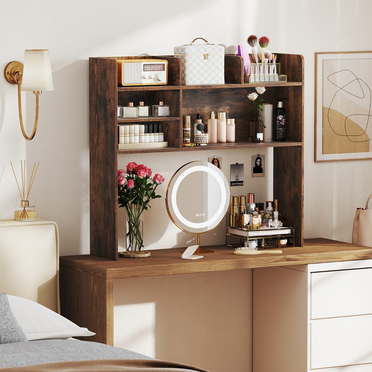 Organizzatore da banco con 6 ripiani da scrivania a 3 livelli per computer-Scaffale da scrivania da toilette Marrone