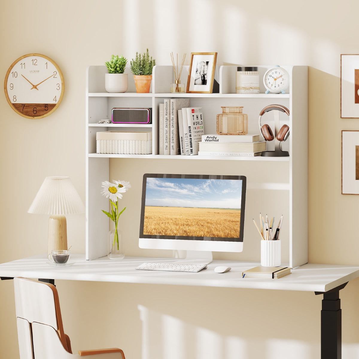 Organizzatore da banco con 6 ripiani da scrivania a 3 livelli per computer-Scaffale da scrivania da toilette Bianco