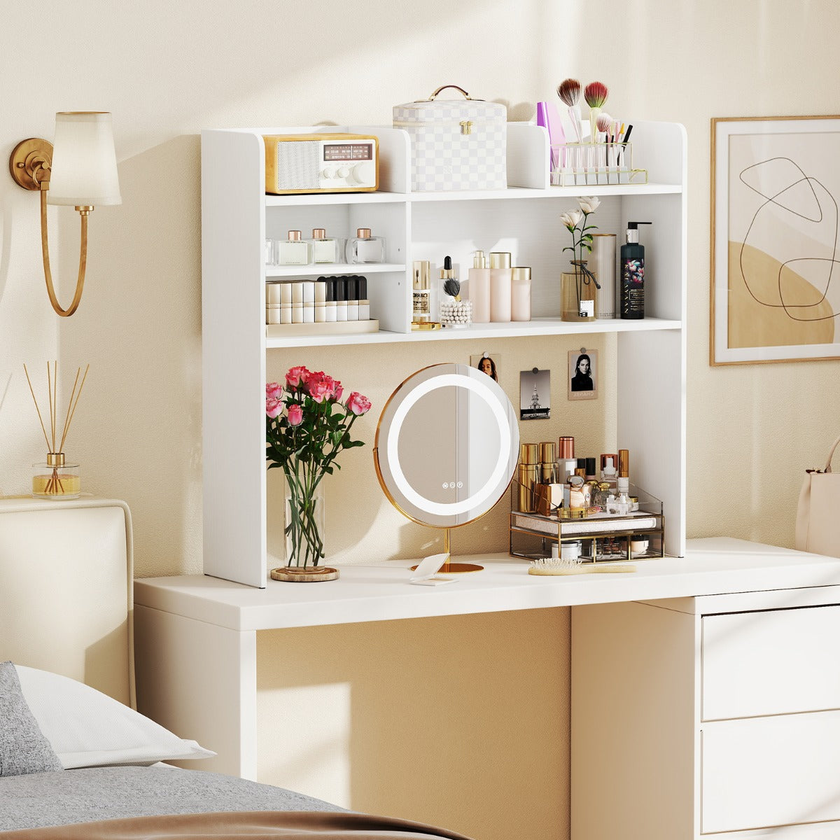 Organizzatore da banco con 6 ripiani da scrivania a 3 livelli per computer-Scaffale da scrivania da toilette Bianco