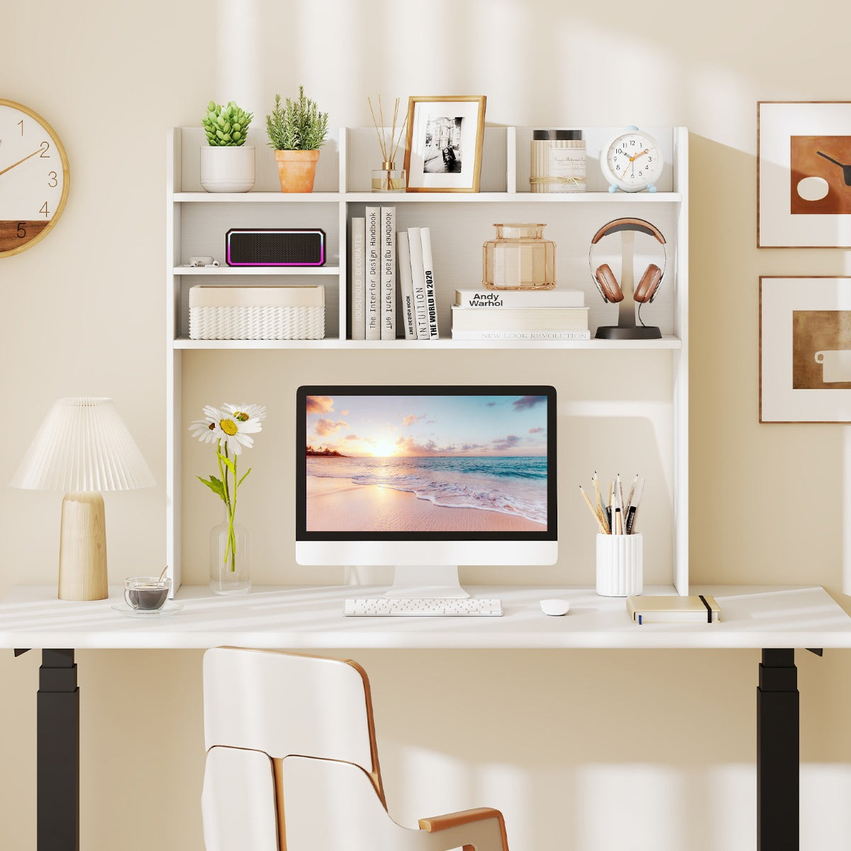 Organizzatore da banco con 6 ripiani da scrivania a 3 livelli per computer-Scaffale da scrivania da toilette Bianco