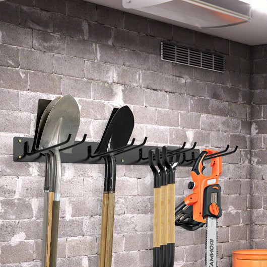 Organizzatore di attrezzi da giardino in metallo con 8 ganci, Sistema di stoccaggio a parete da 91cm per pale Nero-Deposito utensili Tool