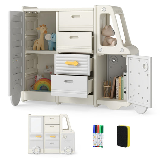 Organizzatore di giocattoli per bambini, Mobiletto a forma di autobus con 4 cassetti estraibili con maniglie Beige e Grigio-Scaffalature