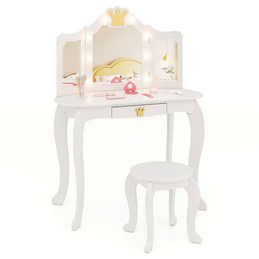 Set da trucco per bambini con specchio illuminato, Set da trucco con tavolo e sedia con specchio Bianco-Toelette per bimbi