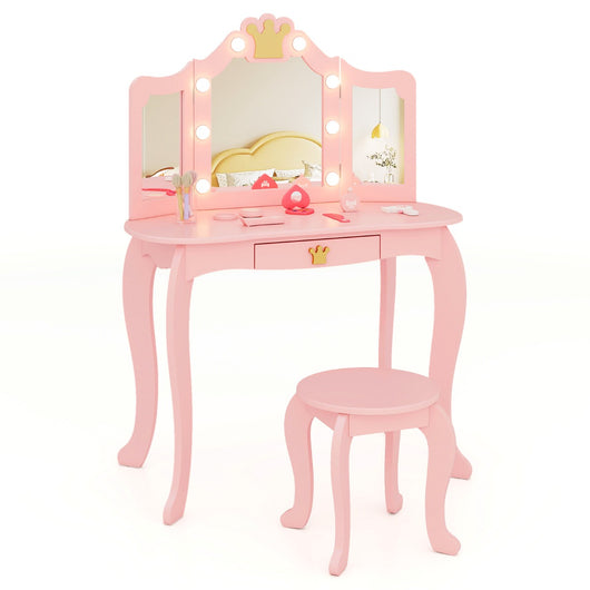 Set da trucco per bambini con specchio illuminato, Set da trucco con tavolo e sedia con specchio Rosa-Toelette per bimbi