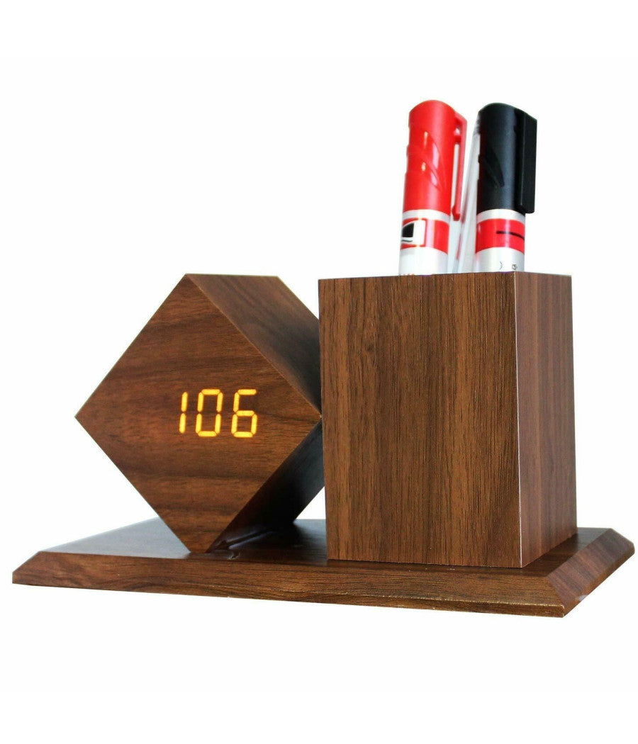 Orologio A Led Sveglia Da Tavolo In Legno Con Portapenne Incorporato         