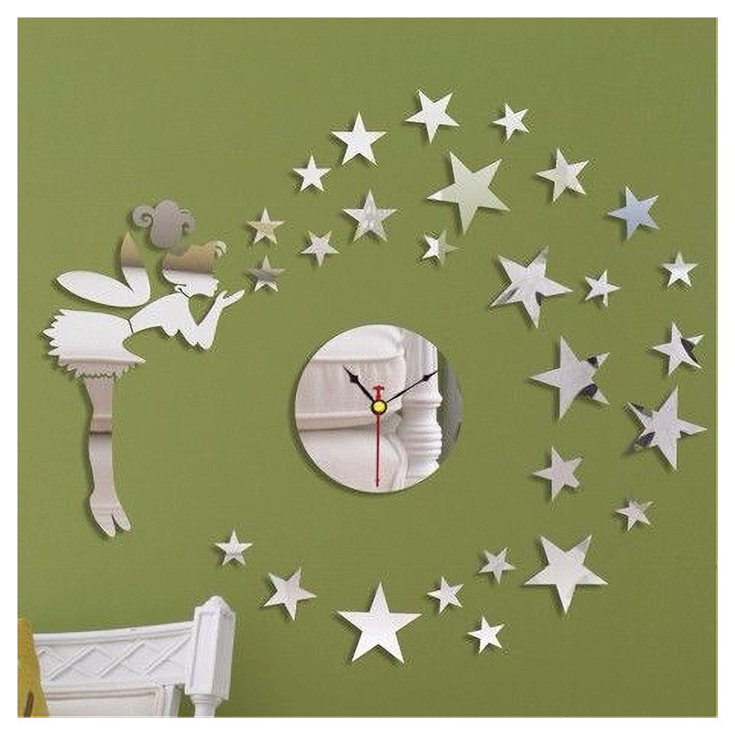 Orologio Adesivo Fata Stelle 3d Effetto Specchio Da Parete Casa Moderna Decorazione         