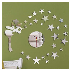 Orologio Adesivo Fata Stelle 3d Effetto Specchio Da Parete Casa Moderna Decorazione         