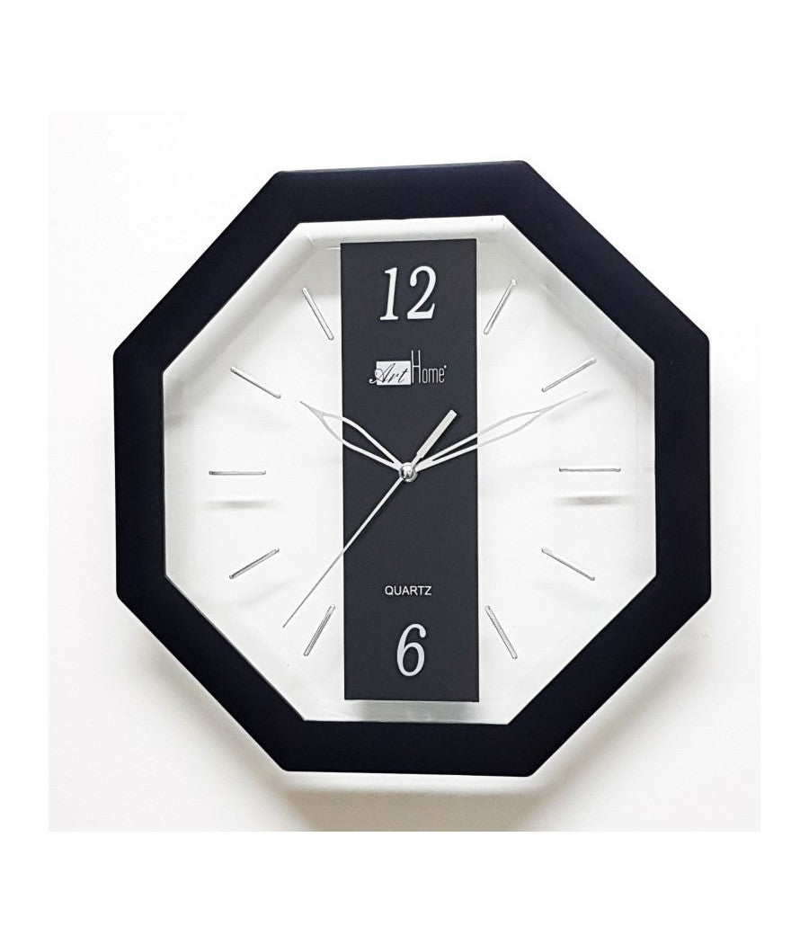 Orologio Analogico Parete 28 Cm Quadrante Ottagonale Nero Trasparente Plastica         