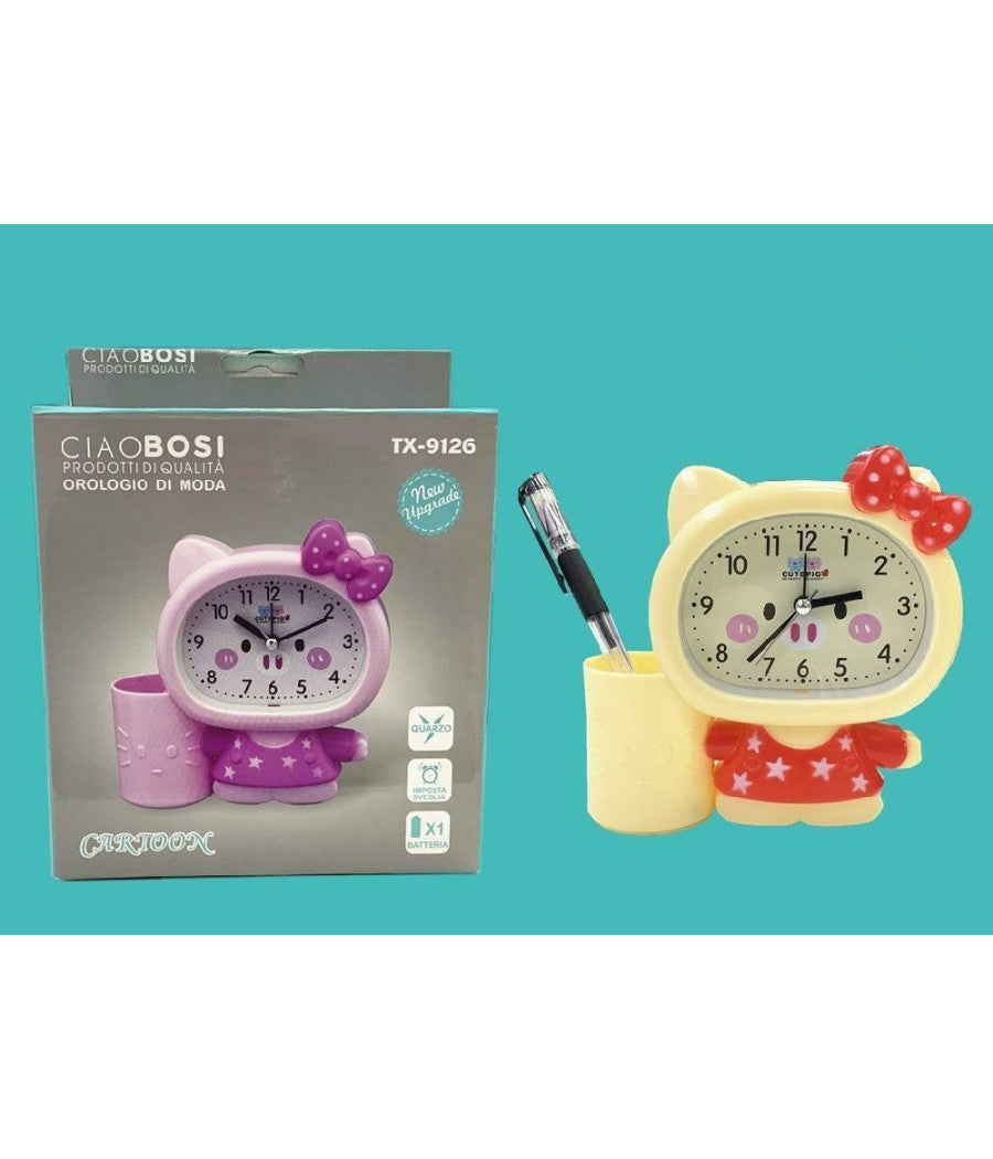 Orologio Analogico Sveglia A Forma Di Gattino Da Tavolo Con Portapenne Tx-9126         