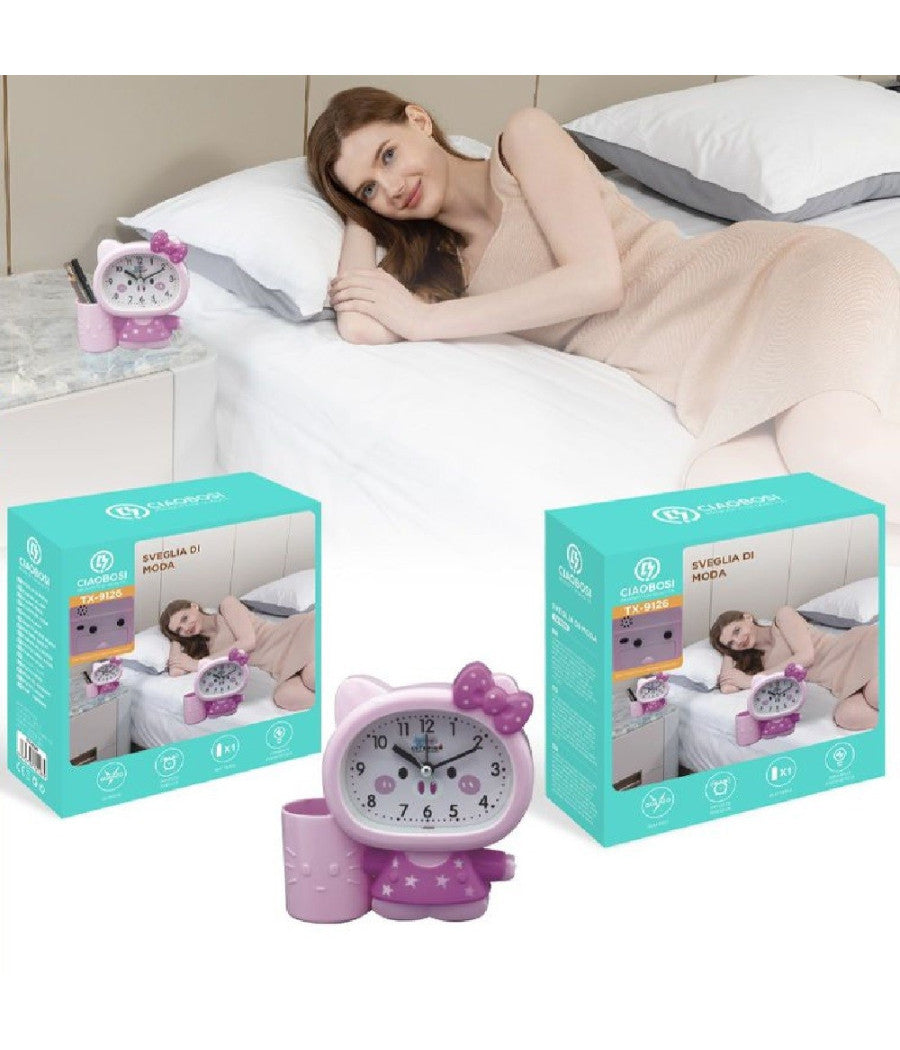 Orologio Analogico Sveglia A Forma Di Gattino Da Tavolo Con Portapenne Tx-9126         