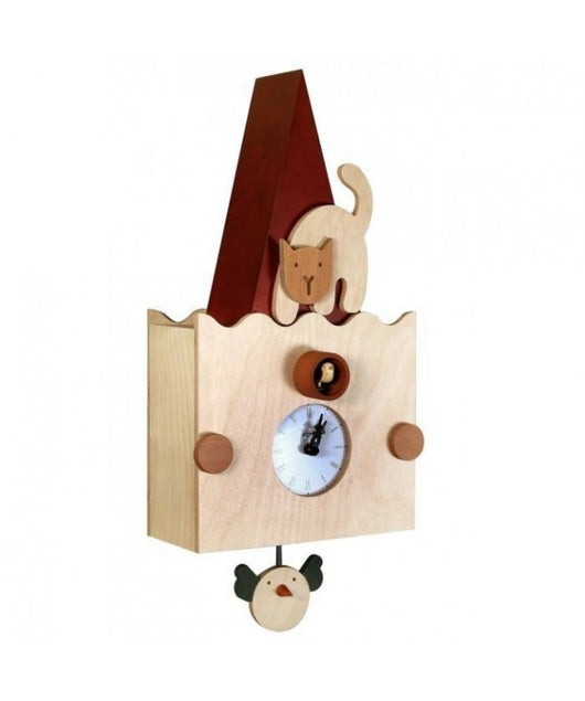 Orologio con cucù Micio in faggio e betulla Made in Italy