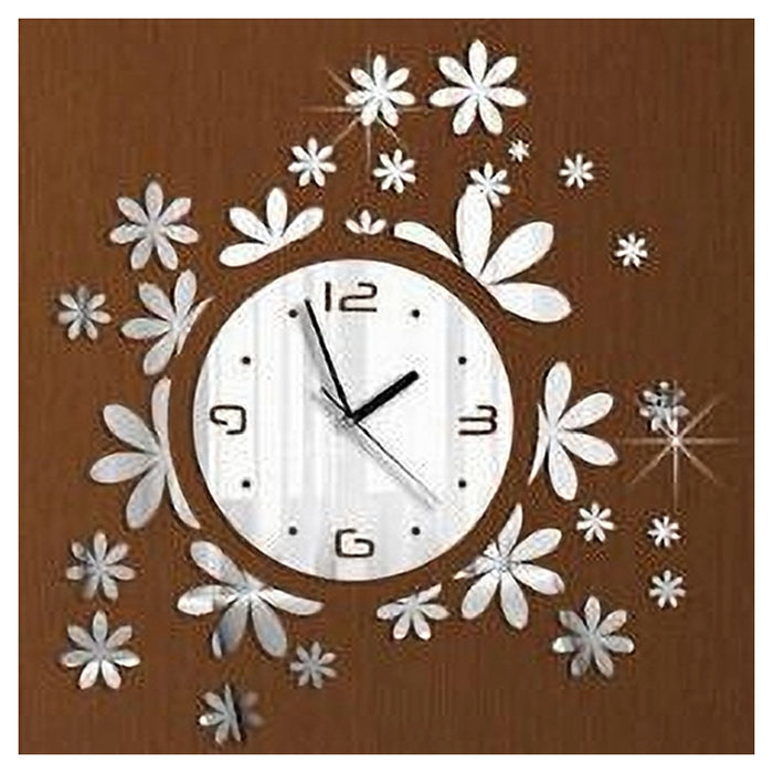 Orologio Da Parete Moderno Adesivo 3d Con Fiori Erba A Muro Effetto Specchio         