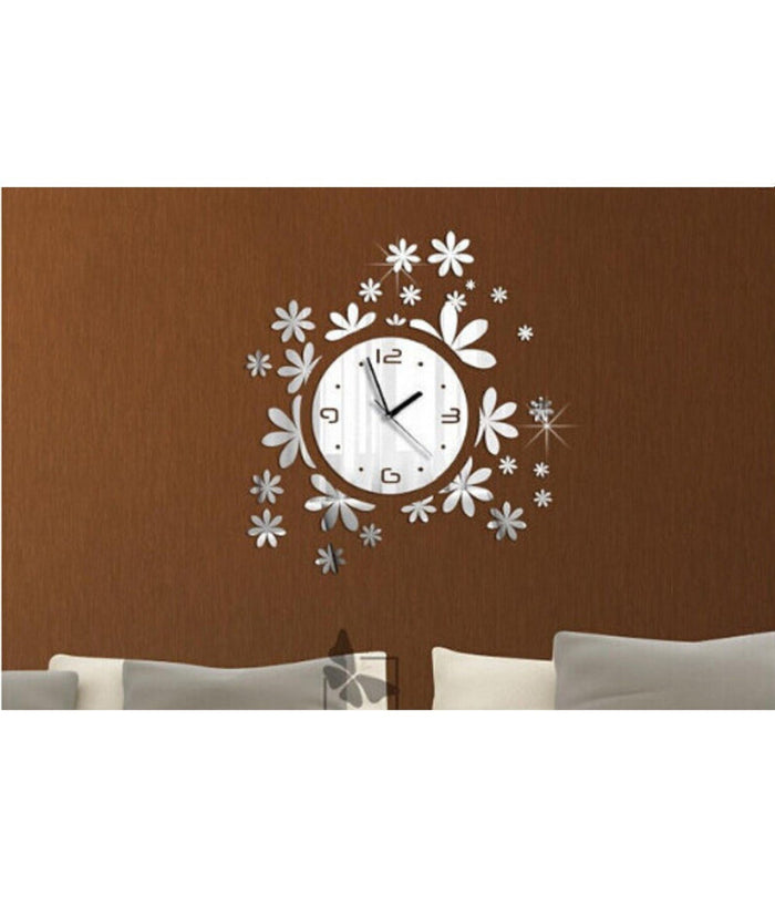 Orologio Da Parete Moderno Adesivo 3d Con Fiori Erba A Muro Effetto Specchio         