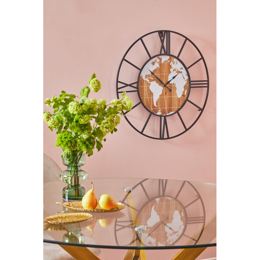 Orologio Da Parete Mondo 60cm In Metallo/mdf Nero/naturale