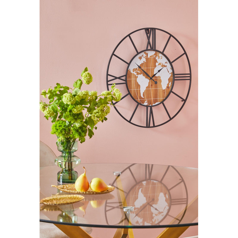Orologio Da Parete Mondo 60cm In Metallo/mdf Nero/naturale