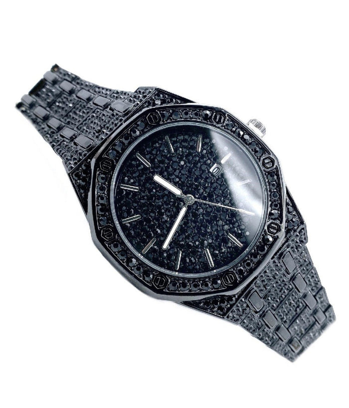 Orologio Da Polso Acciaio Strass Analogico Brillantini Calendario Elegante Nero         