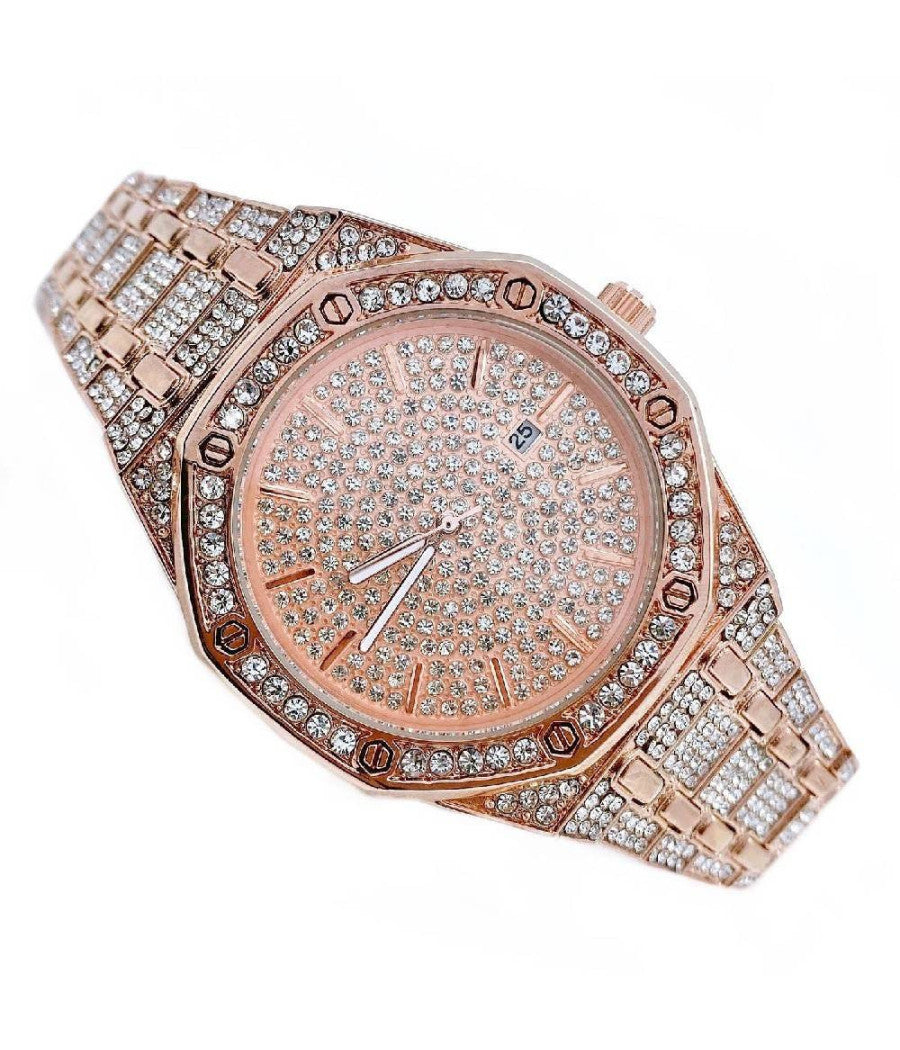 Orologio Da Polso Acciaio Strass Brillantini Analogico Calendario Elegante Rosa         