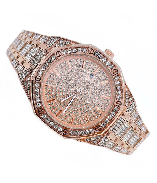 Orologio Da Polso Acciaio Strass Brillantini Analogico Calendario Elegante Rosa         