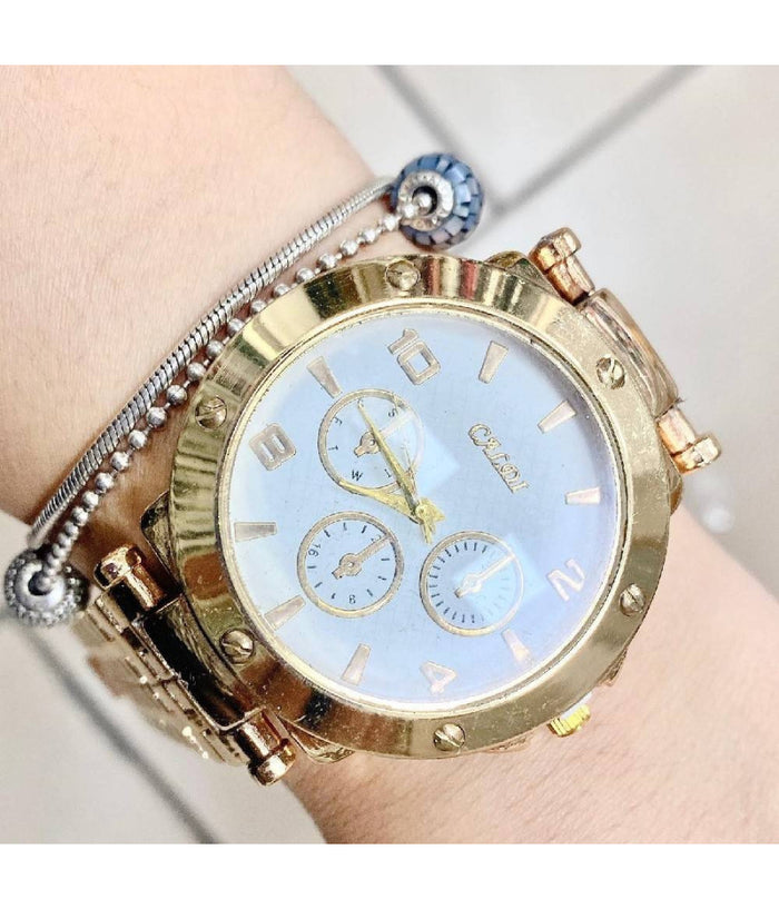 Orologio Da Polso Caldi Donna Analogico Crono Bracciale Dorato Quadrante Bianco         