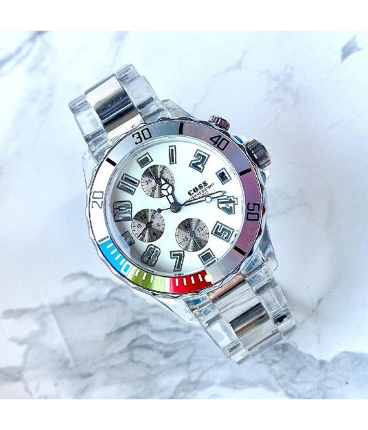 Orologio Da Polso Coss Uomo Analogico Al Quarzo Luminoso Silver Quadrante Bianco         