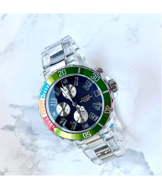 Orologio Da Polso Coss Uomo Analogico Quarzo Luminoso Silver Verde Quadrante Blu         