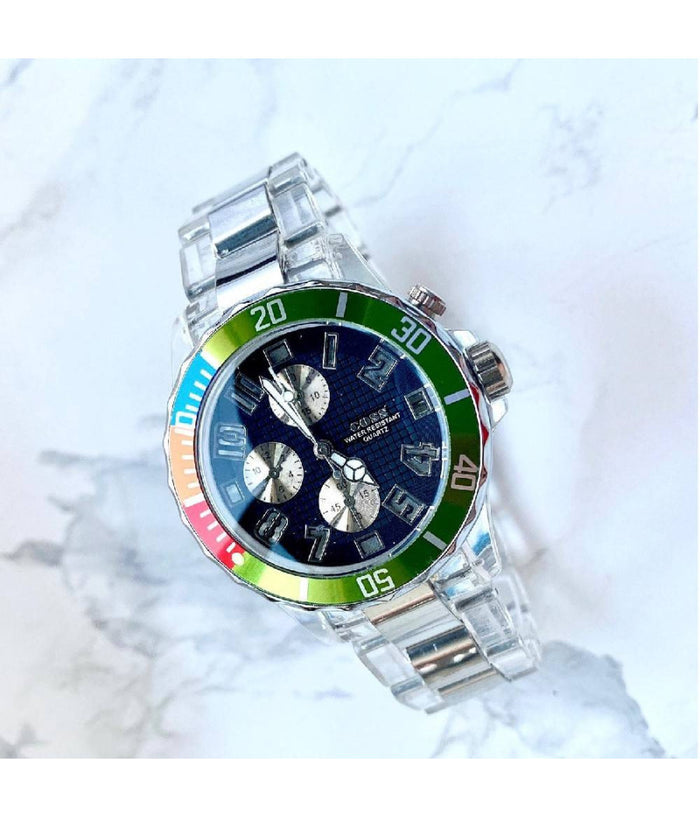 Orologio Da Polso Coss Uomo Analogico Quarzo Luminoso Silver Verde Quadrante Blu         