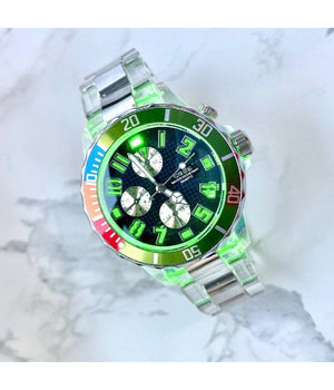 Orologio Da Polso Coss Uomo Analogico Quarzo Luminoso Silver Verde Quadrante Blu         