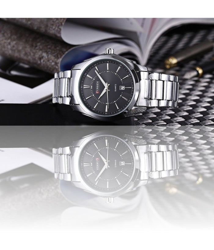Orologio Da Polso Curren 8072 Uomo Analogico Quarzo Moderno Acciaio Data Nero         