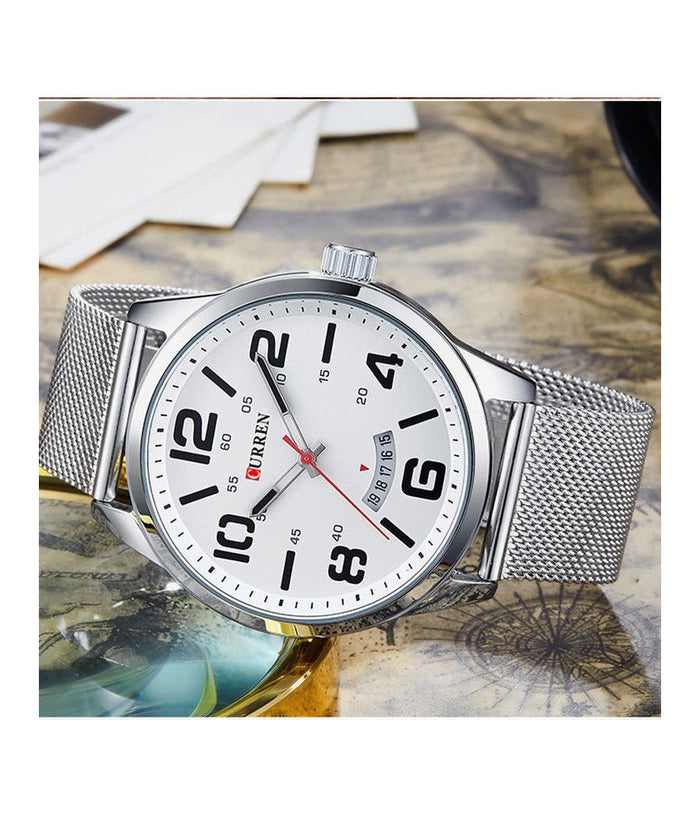 Orologio Da Polso Curren 8236 Uomo Analogico Quarzo Military Data Silver Bia         