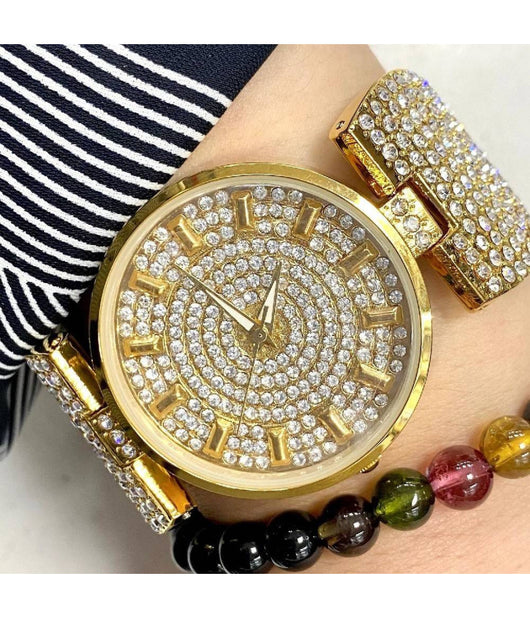 Orologio Da Polso Donna Acciaio Analogico Moda Fashion Brillantini Strass Dorato         