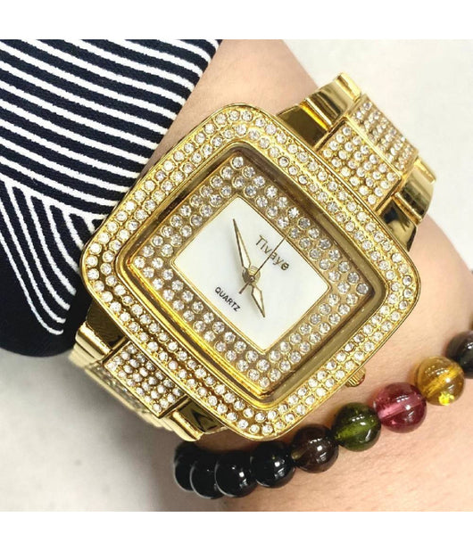 Orologio Da Polso Donna Al Quarzo Tivaye Cinturino In Acciaio Brillantini Dorato         