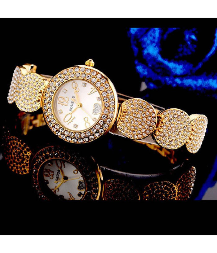 Orologio Da Polso Donna Sousou S6097 Movimento Quarzo Cuore Brillantini Dorato         
