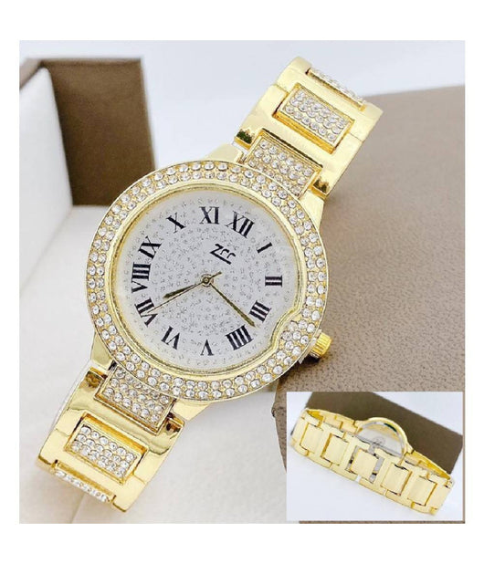 Orologio Da Polso Donna Zcc 08 Quarzo Analogico Moda Brillantini Dorato Bianco         