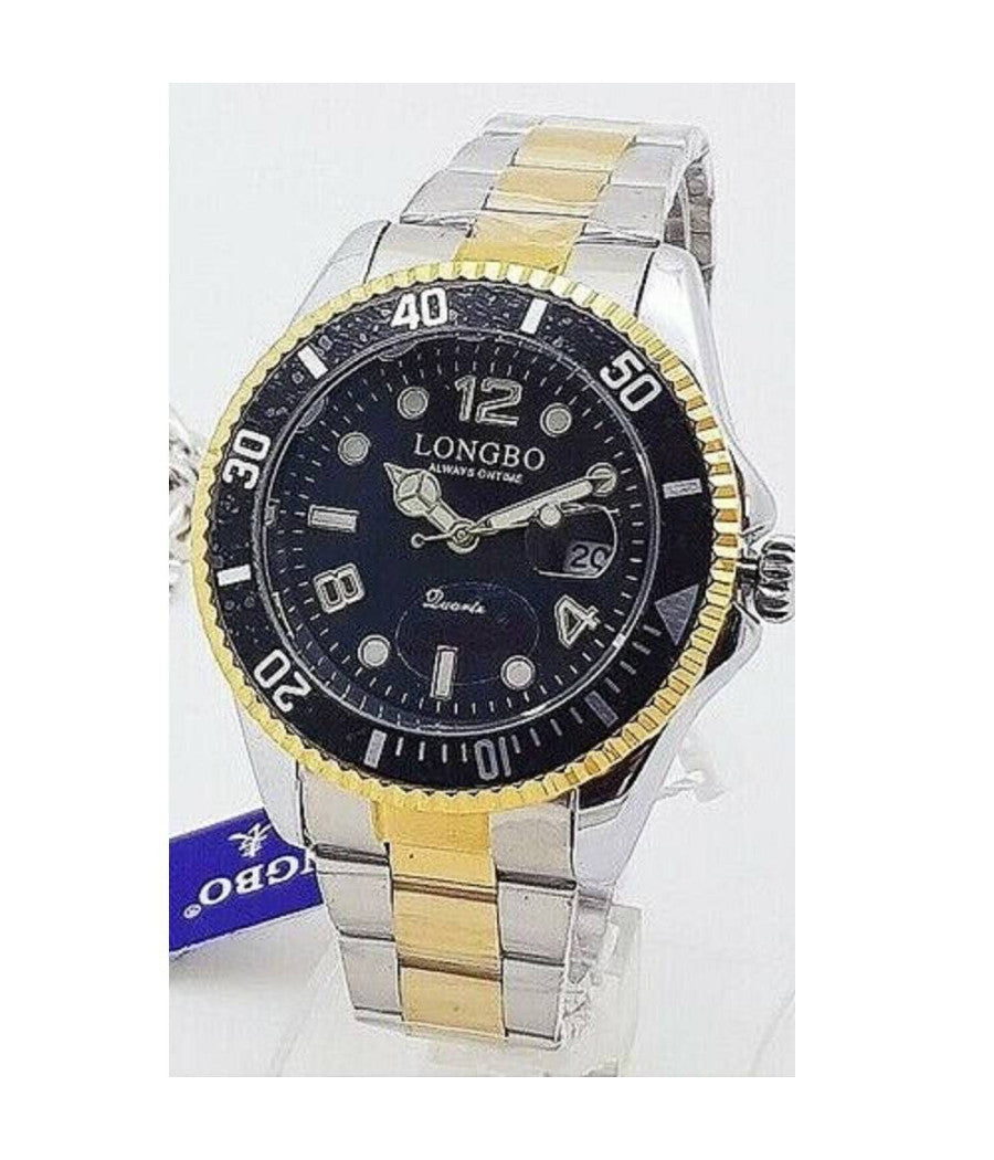 Orologio Da Polso Longbo 80430g Uomo Quarzo Data Impermeabile Dorato Silver Nero         