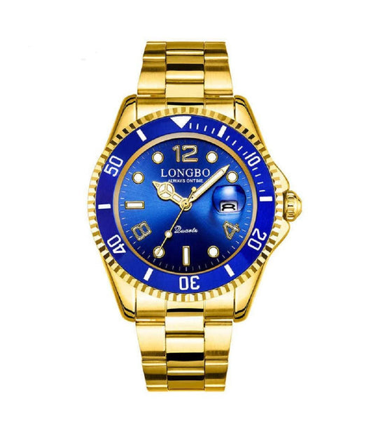 Orologio Da Polso Longbo 80430g Uomo Quarzo Impermeabile Data Elegante Dorato Blu         