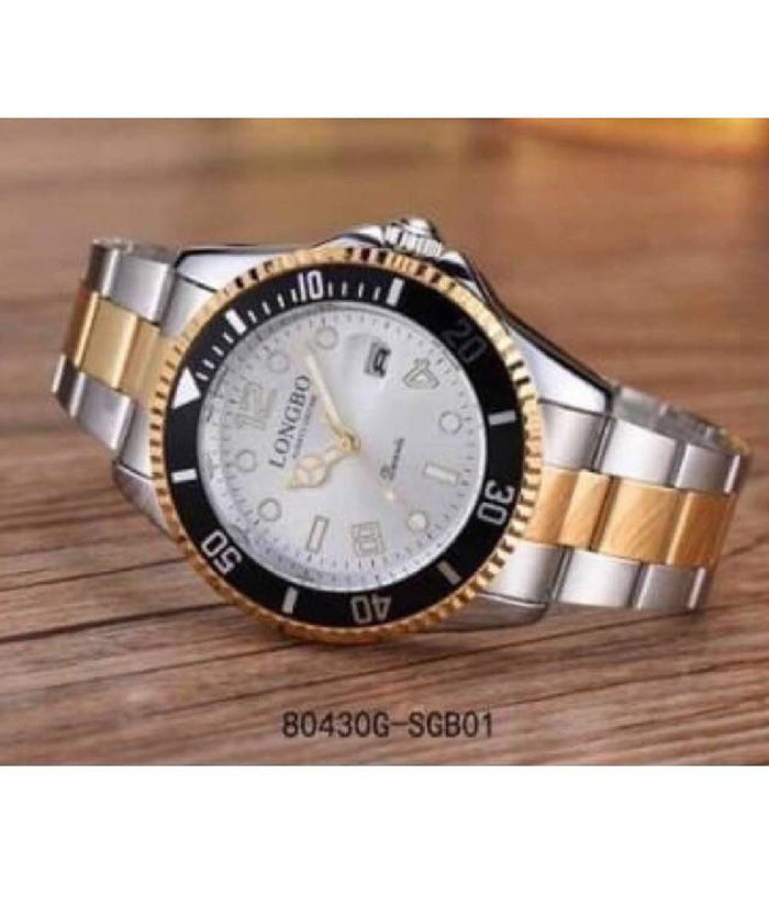 Orologio Da Polso Longbo 80430g Uomo Quarzo Impermeabile Data Silver Dorato Nero         
