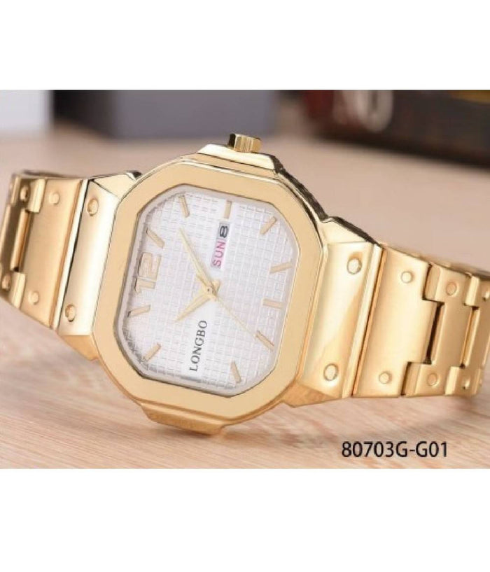 Orologio Da Polso Longbo 80703g Uomo Quarzo Data Analogico Acciaio Dorato Bianco         