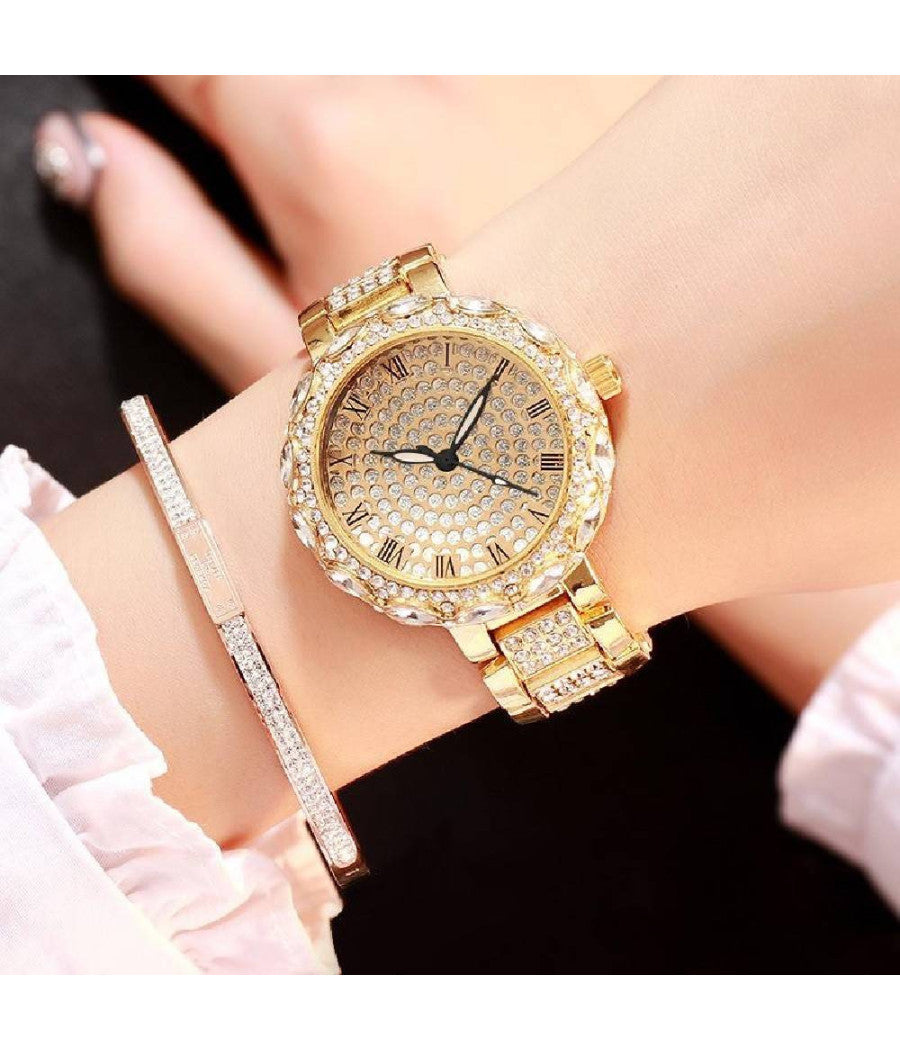 Orologio Da Polso Per Donna Moda Casual Fashion Brillantini Analogico Dorato         
